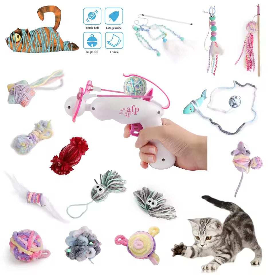 AFP Custom Knotty Habits Series Cat Teaser Toy Interactive Wool Yarn Rope Ball Toy Wooden Stick Cat Feather Ball Wand Catnip Toy